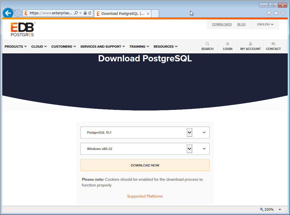 Enterprise社のPostgreSQLのインストーラのダウンロード画面